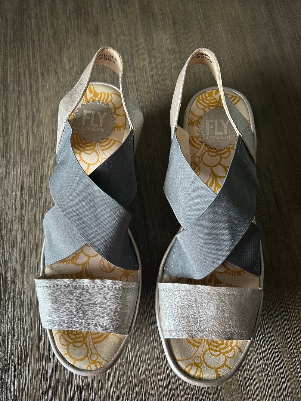 Fly London Yayi Bognona Cross Wedge Leather Sandals Gray/Silver, Sz. 41 (10.5)US